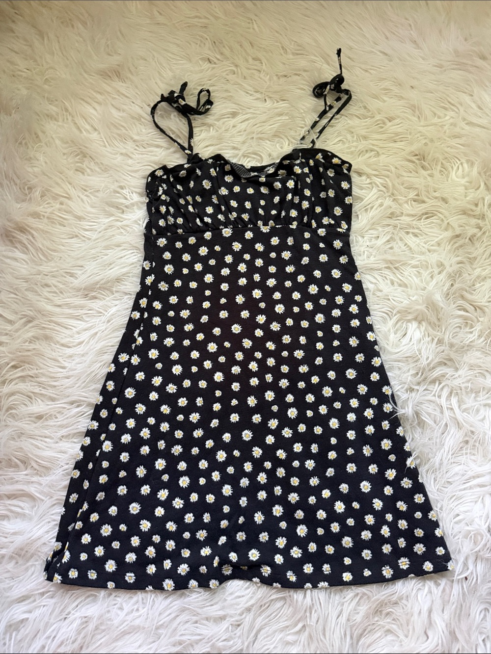 H&M Black Mini Dress with White and Yellow Daisy Print